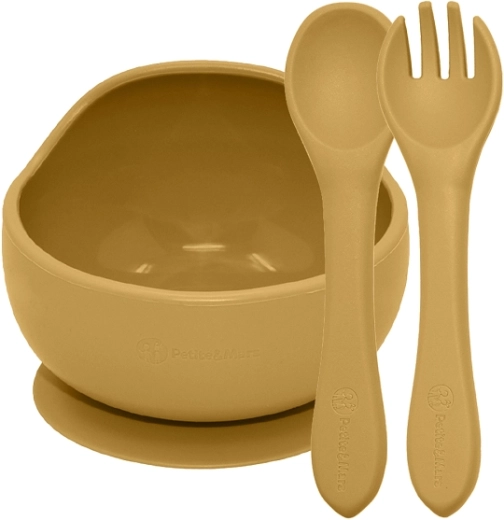 Set pappa in silicone Petite&Mars Take&match – ciotola con ventosa e posate Intense Ochre 6m+
