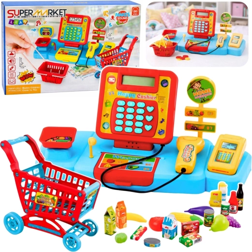 Cassa giocattolo interattiva per bambini supermercato con carrello, scanner e bilancia