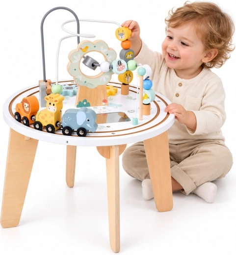 Tavolino sensoriale educativo in legno con labirinto e trenino con animaletti