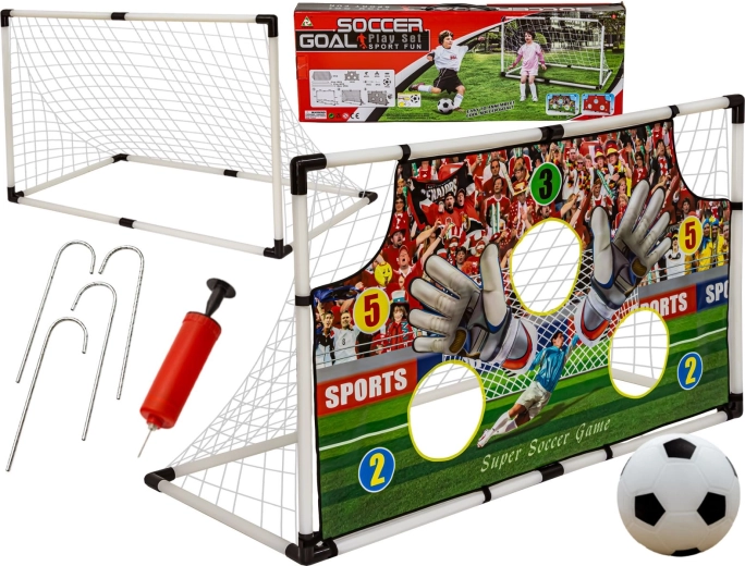 Porta da calcio con rete, palla e pompetta