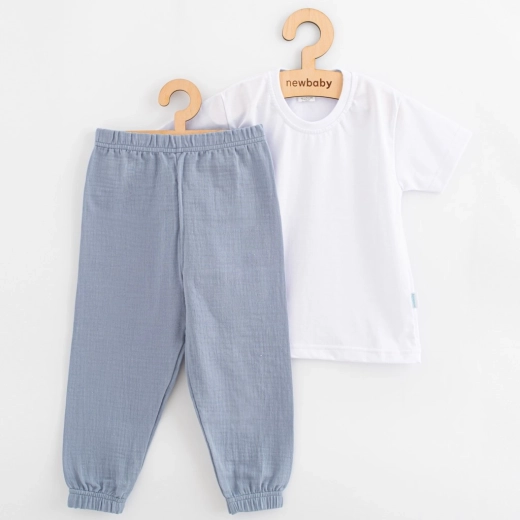 Completo per bambini in cotone con maglietta e pantaloni in mussola New Baby Kindergarten blu-grigio 104 (3–4 anni)