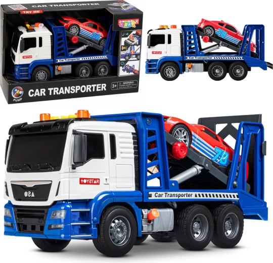 Camion trasporto auto giocattolo (carro attrezzi) con auto sportiva, luci e suoni, blu-bianco - 1 pezzo