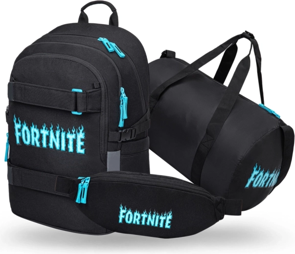Set Baagl Fortnite blu – zaino scolastico Skate, borsa sportiva Hoop e marsupio Snap