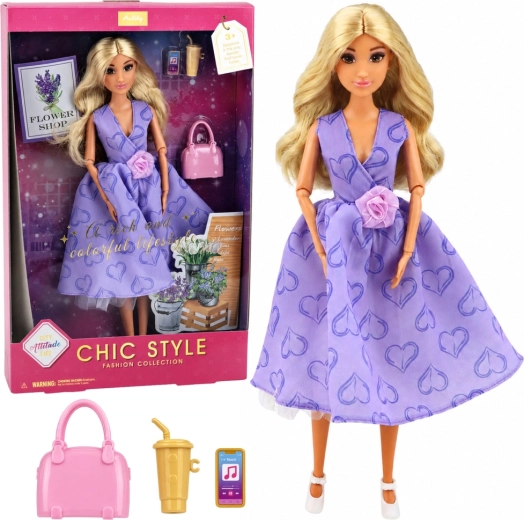 Bambola fashion Anlily in abito viola con cuoricini, borsetta e accessori