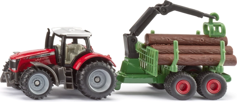 Siku trattore Massey Ferguson con rimorchio forestale e tronchi