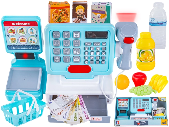 Cassa educativa per bambini con bilancia, calcolatrice e lettore di codici