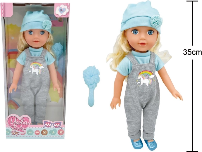 Bambola con pantaloni con bretelle 35 cm - 1 pezzo