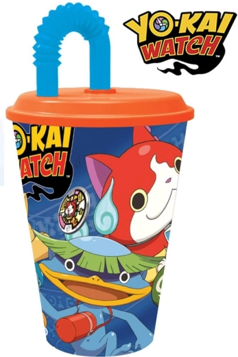 Bicchiere di plastica Yokai-watch con coperchio e cannuccia - 1 pezzo