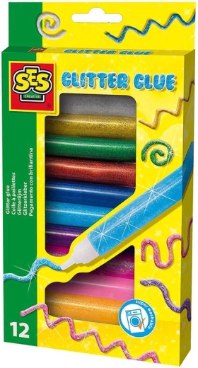 SES Creative colla decorativa glitterata in tubetto, set da 12 colori