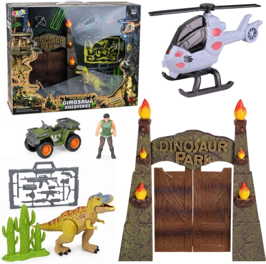 Base Dino park con cancello, elicottero, quad e personaggi