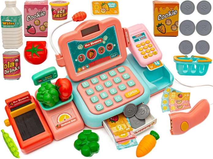 Cassa giocattolo educativa per bambini per giocare al negozio con microfono, bilancia e scanner
