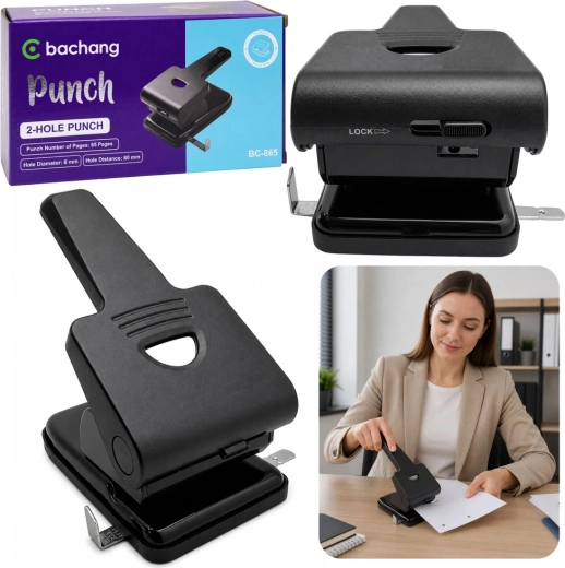 Perforatore da ufficio in metallo per 65 fogli, nero