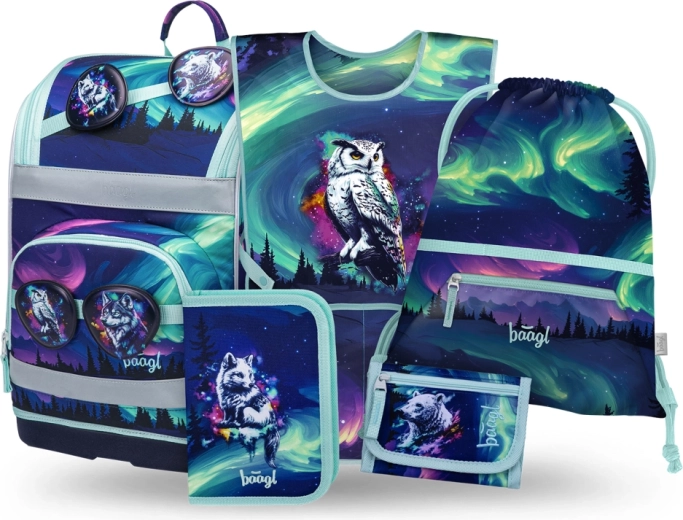 Set scolastico BAAGL Zippy Plus Aurora – cartella, astuccio, sacca e portafoglio in materiali riciclati