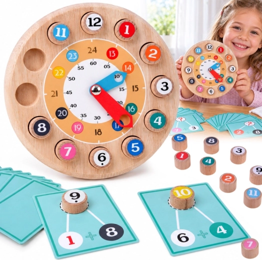 Orologio didattico in legno 2 in 1 con esercizi di matematica