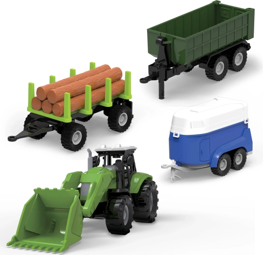 Set FARM SERVICE trattore con caricatore, pianali e rimorchio con luci e suoni