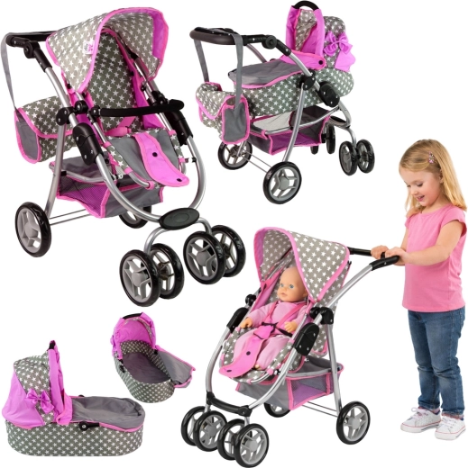 Passeggino per bambole 2 in 1 con navicella e borsa, rosa con stelline