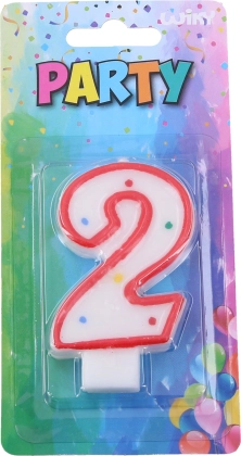 Candela da party numero 2 per torta – bianca con bordo rosso e pois