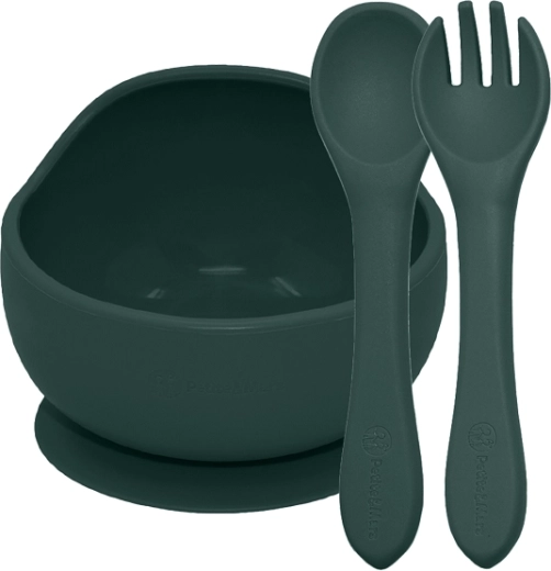 Set pappa in silicone Petite&Mars Take&Match misty green – ciotola con ventosa e posate 6m+