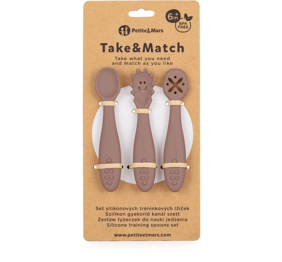 Cucchiaini da allenamento in silicone PETITE&MARS Take&Match Velvet Latte, set da 3 pezzi, 6m+