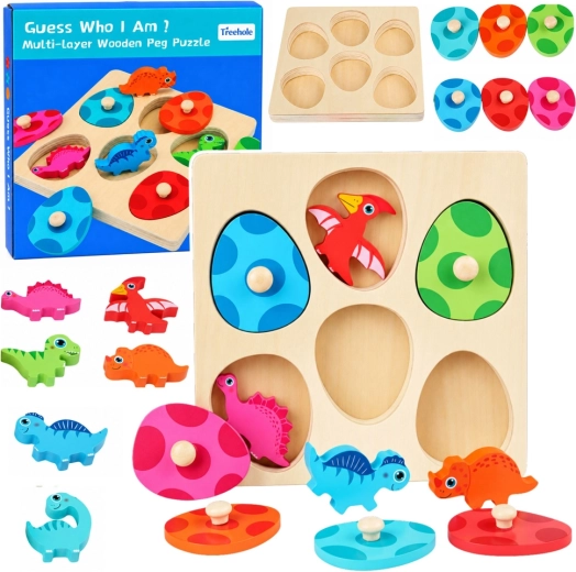 Puzzle educativi in legno con dinosauri e pomelli