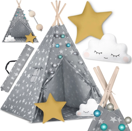 Teepee per bambini con lucine NUKIDO – grigio con stelline