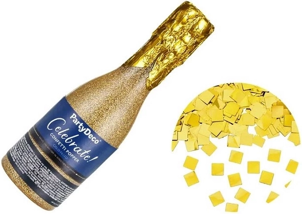 Tubo s coriandoli a forma di bottiglia di champagne – oro, 20,5 cm