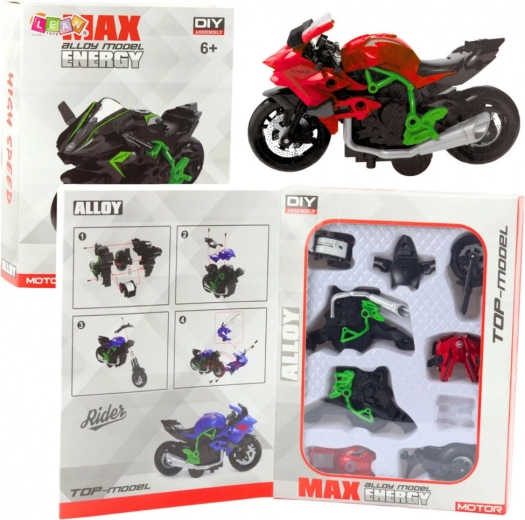 Motocicletta da assemblare 1:14 verde‑rossa modello fai‑da‑te in metallo