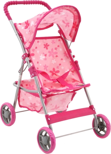 Passeggino a ombrello rosa per bambole con fiori e cestino
