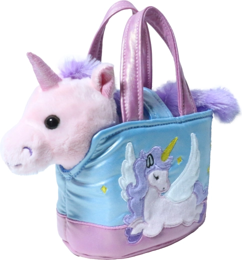 Unicorno rosa di peluche in borsetta color fragola, 15 cm