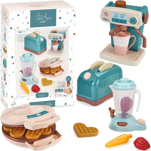 Set da cucina per bambini con tostapane, macchina del caffè, piastra per waffle e frullatore ECOIFFIER Vert Azur – 15 pezzi