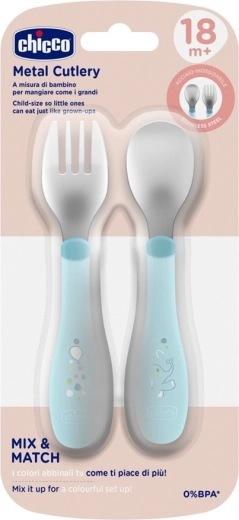 Chicco cucchiaino e forchetta in acciaio inox, teal, da 18 mesi