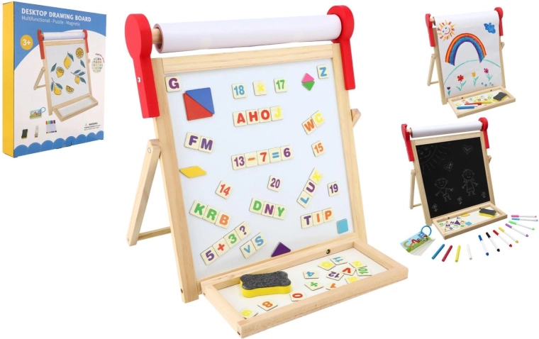 Lavagna magnetica per bambini in legno, bifacciale 33 × 33 cm con rotolo di carta e accessori