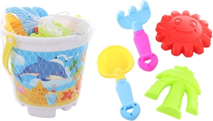 Set da sabbia con secchiello, paletta, rastrellino e formine
