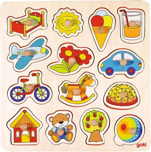 Puzzle in legno a incastro con maniglie – cavallo a dondolo, palla e altri - 1 pezzo
