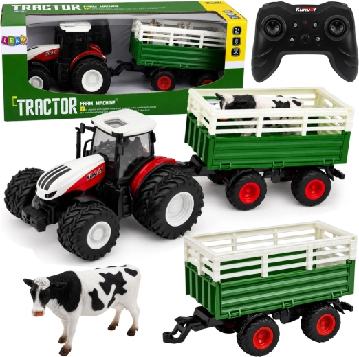 Trattore agricolo RC con rimorchio e statuetta di mucca 1:24