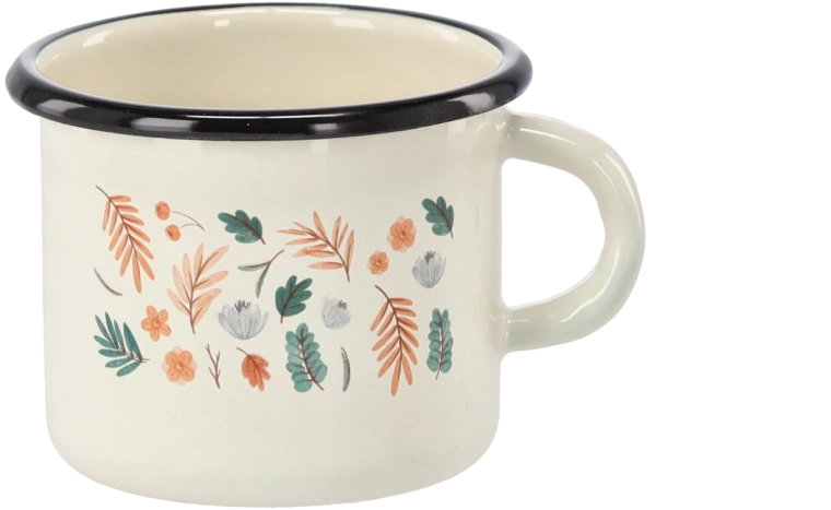 Tazza smaltata 0,5 l color crema con motivo a foglie