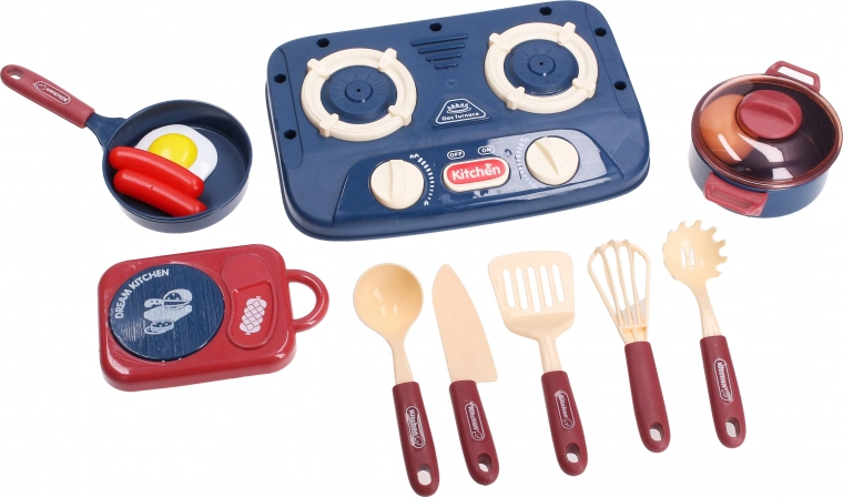 Set da cucina con fornello, stoviglie e alimenti