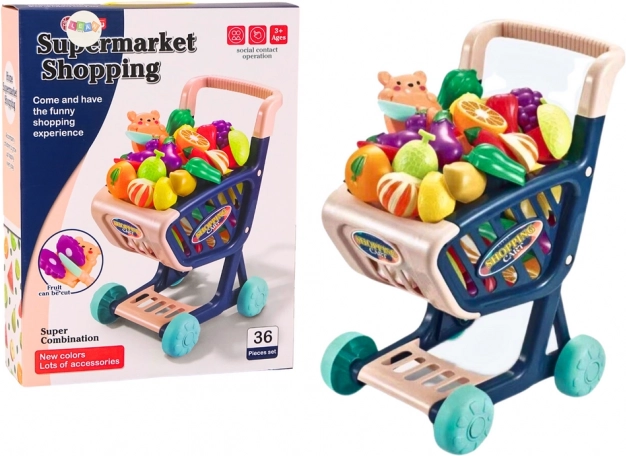 Carrello della spesa per bambini con frutta e verdura da tagliare – blu scuro