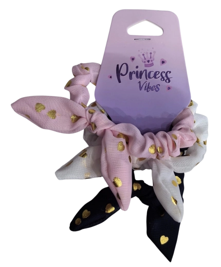 PINK set di elastici per capelli scrunchie con fiocco e cuoricini dorati - 3 pz