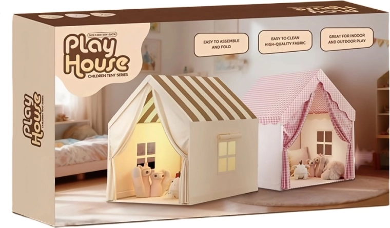 Tenda pieghevole per bambini a forma di casetta per la cameretta, beige con tetto a righe
