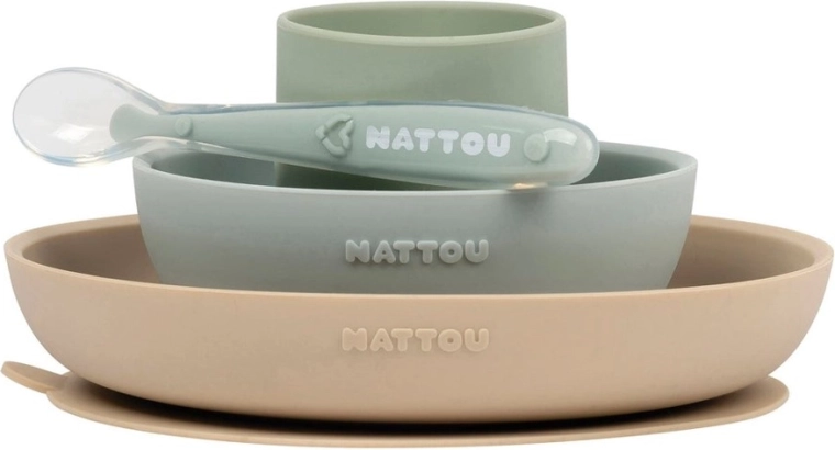 Set pappa in silicone Nattou 4 pz color sabbia-verde, senza BPA