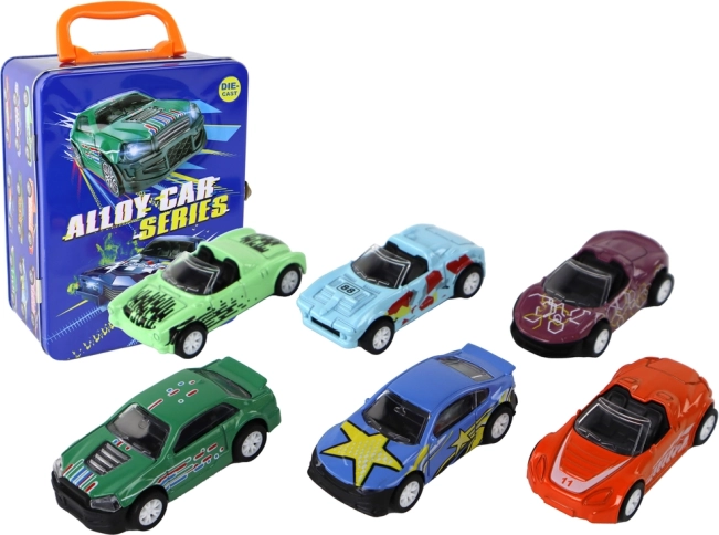 Set di automobiline in metallo con motore a frizione in valigetta di latta 1:64, 6 pz