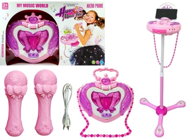 Set karaoke rosa per bambini con supporto, due microfoni e portagioie a forma di cuore