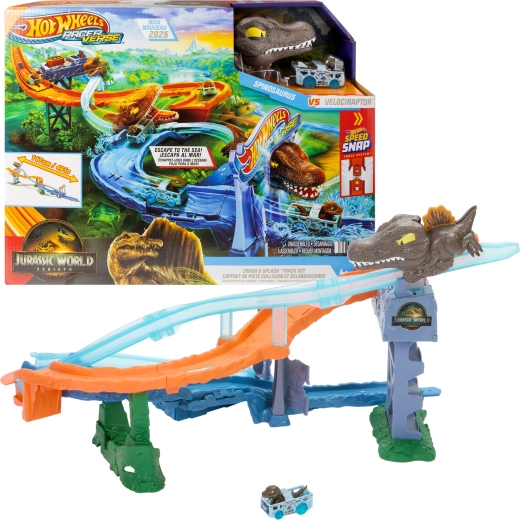 Hot Wheels RacerVerse Jurassic World Gara marina dei dinosauri con pista da corsa e auto