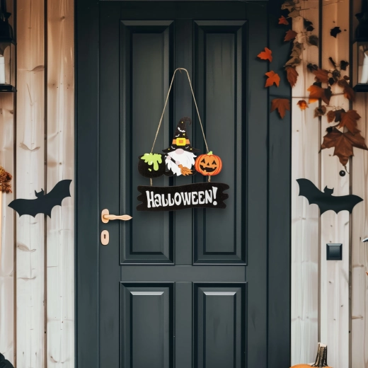 Decorazione pensile in legno per Halloween con gnomo e zucca
