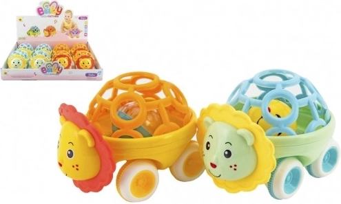 Sonaglio automobilino con animaletto, plastica, 14 cm, ruote libere, 2 colori