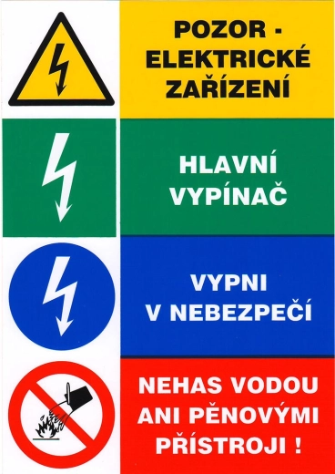 Adesivo di sicurezza – attenzione apparecchiature elettriche, interruttore generale, spegnere in caso di pericolo, non spegnere con acqua né con estintori a schiuma 148 × 210 mm