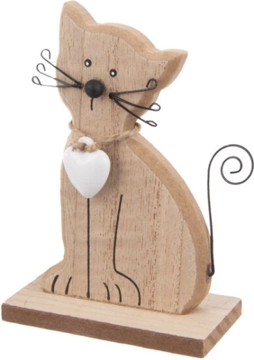 Decorazione in legno gatto con cuore marrone 10 cm