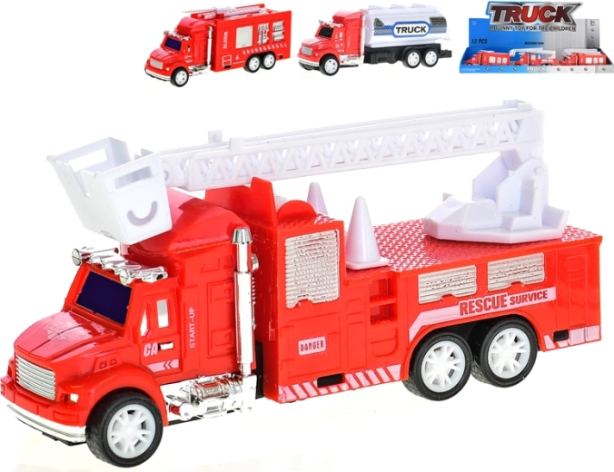 Camioncini dei vigili del fuoco in plastica con meccanismo a retrocarica 12,5 cm – scala, cisterna e autopompa