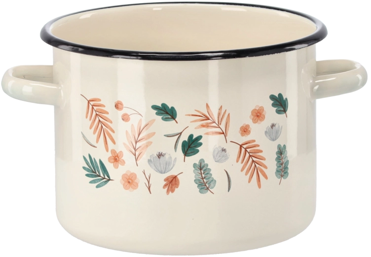 Pentola smaltata 4,5 l, 20 cm, color crema con motivo foglie